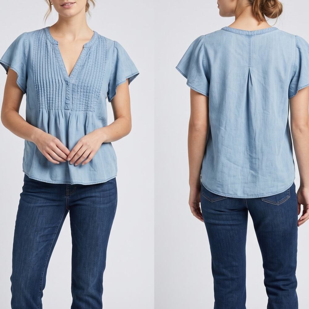 Liverpool Los Angeles Petite Medium PM Blue Chambray Top 100% Lyocell